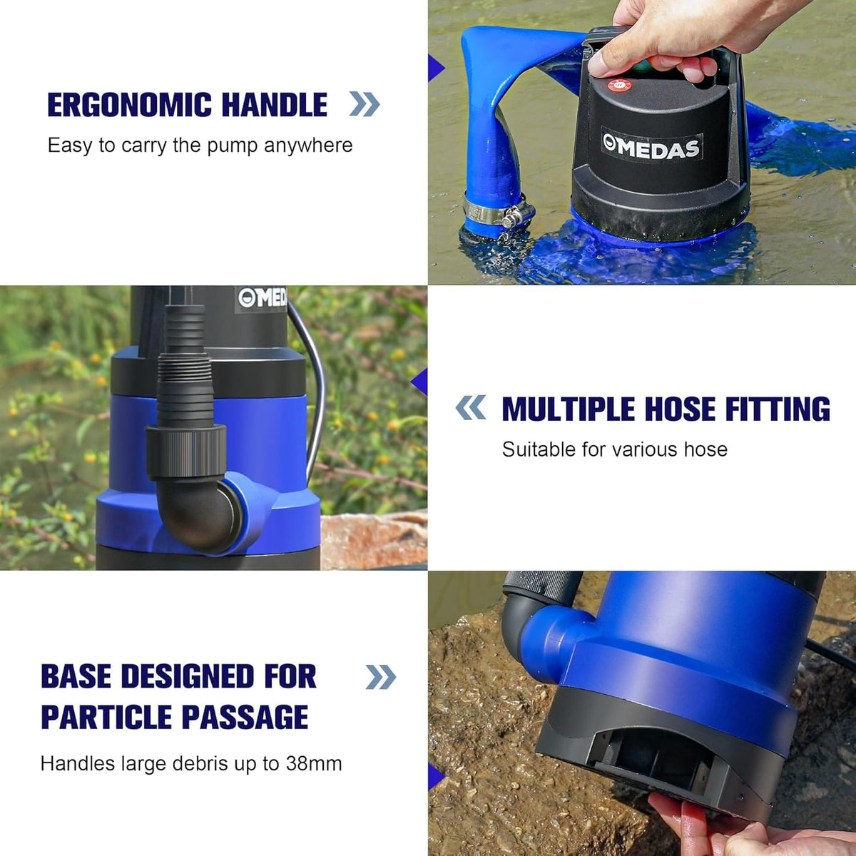 MEDAS submersible pump with corrosion-resistant thermoplastic and durable motor shaft.