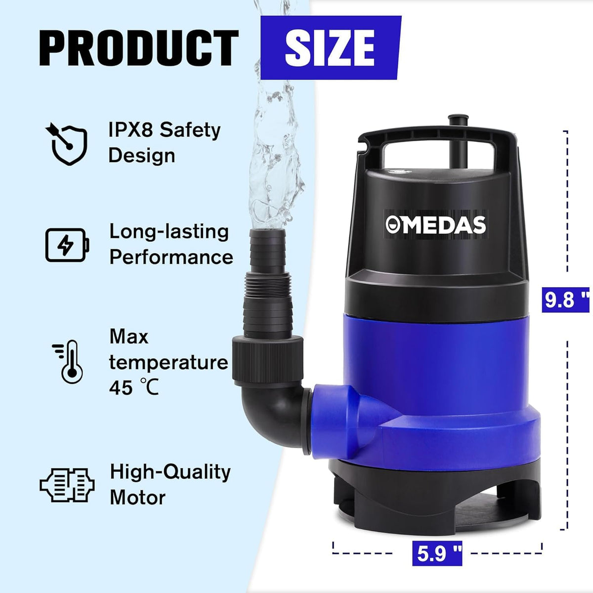 MEDAS 1HP submersible pump cleans water and drains quickly.