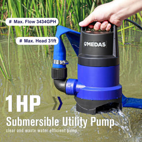 MEDAS 1HP pump features 1 inch NPT discharge and hose fittings.