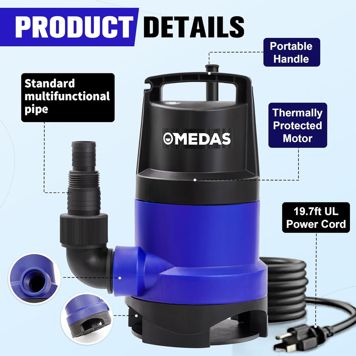 MEDAS 1HP sump pump with hose connection enables versatile drainage tasks.