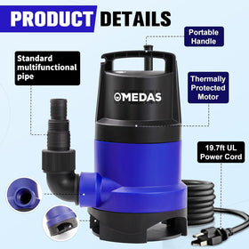 MEDAS 1HP sump pump with hose connection enables versatile drainage tasks.