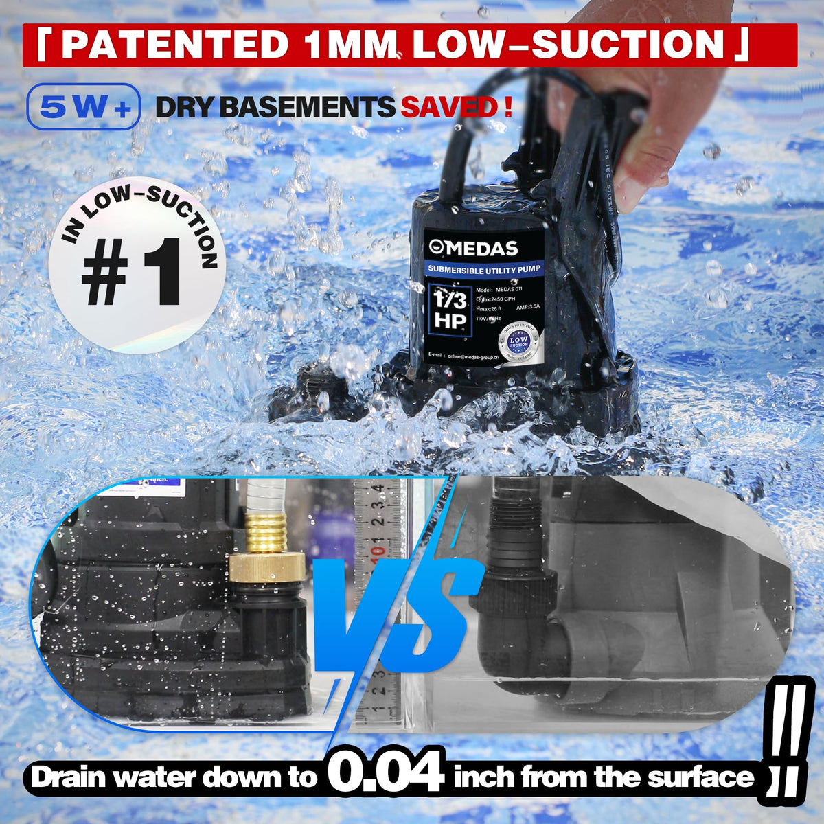 MEDAS basement sump pump helps drain flooding quickly and safely.
