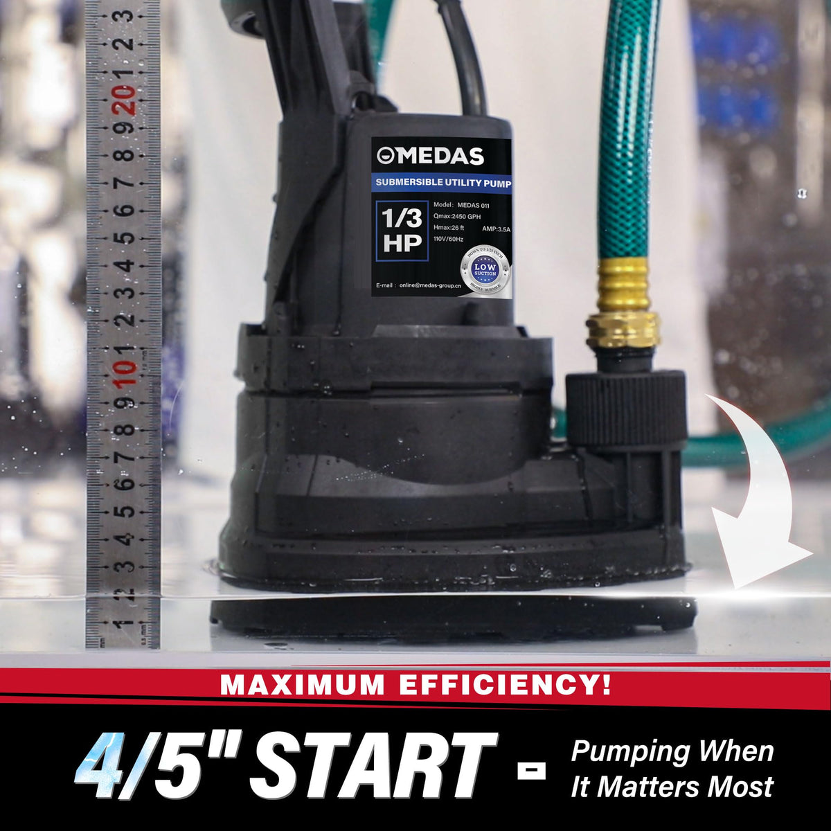 MEDAS low-suction sump pump reaches water down to 1 mm.