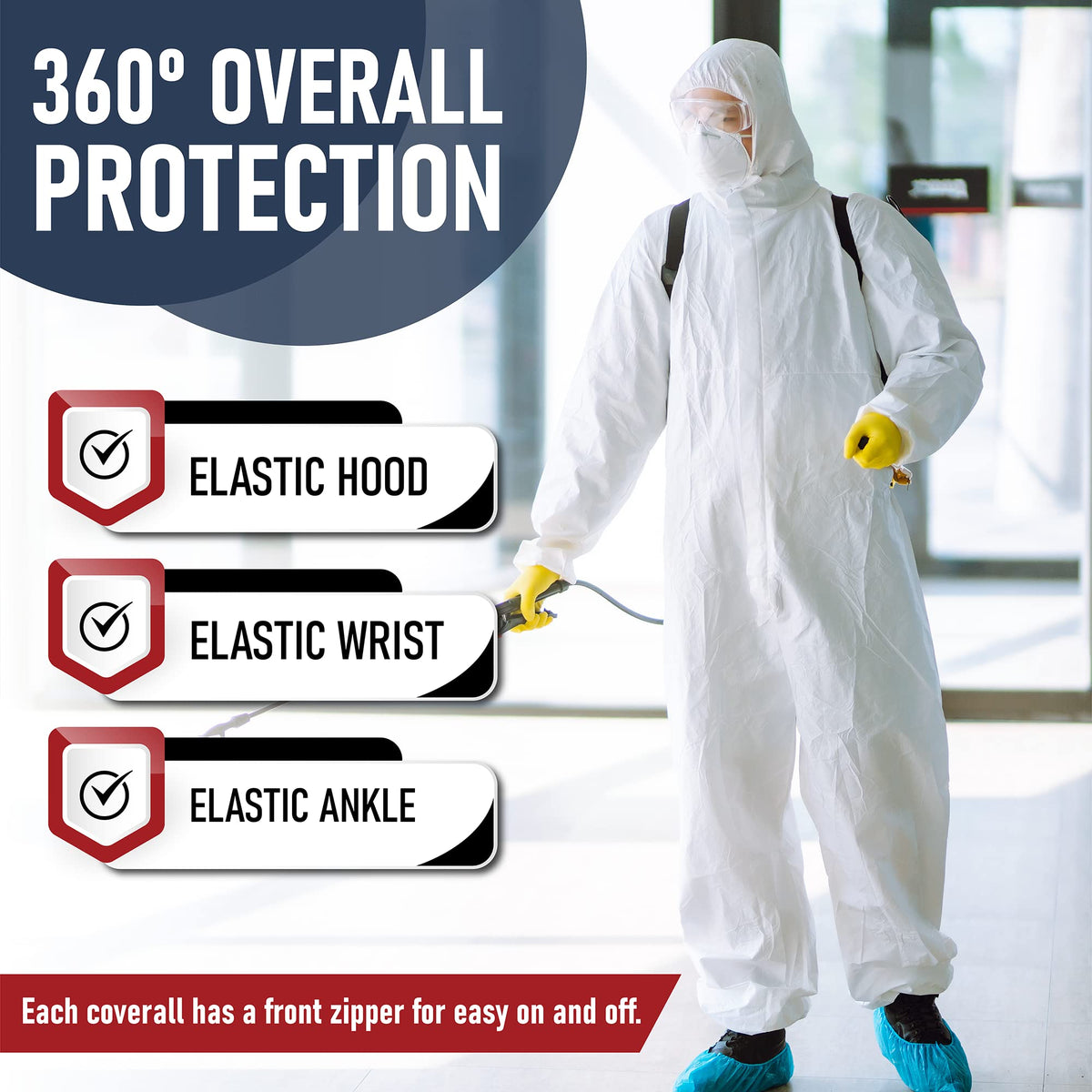 Medical Nation coveralls with front zipper enable fast donning during messy tasks.
