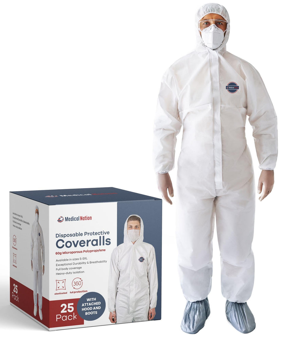Medical Nation hazmat suit with hood and booties for reliable protection and comfort.