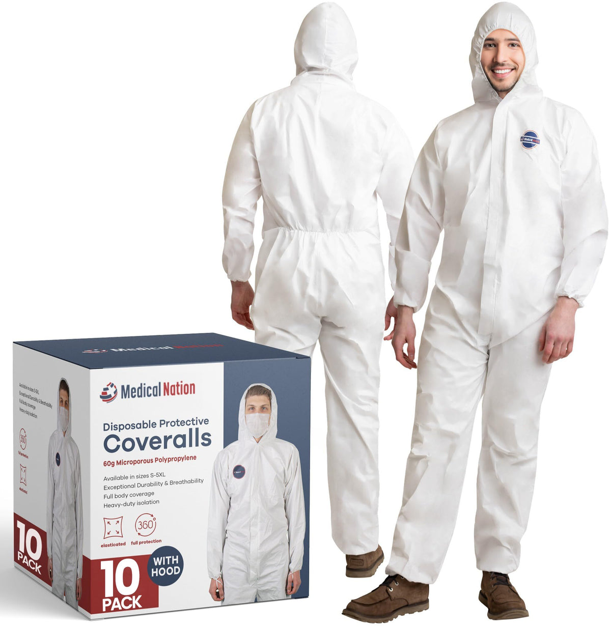 Medical Nation hazmat suit with hood offers breathable protection on dusty worksites.