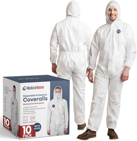 Medical Nation hazmat suit with hood offers breathable protection on dusty worksites.