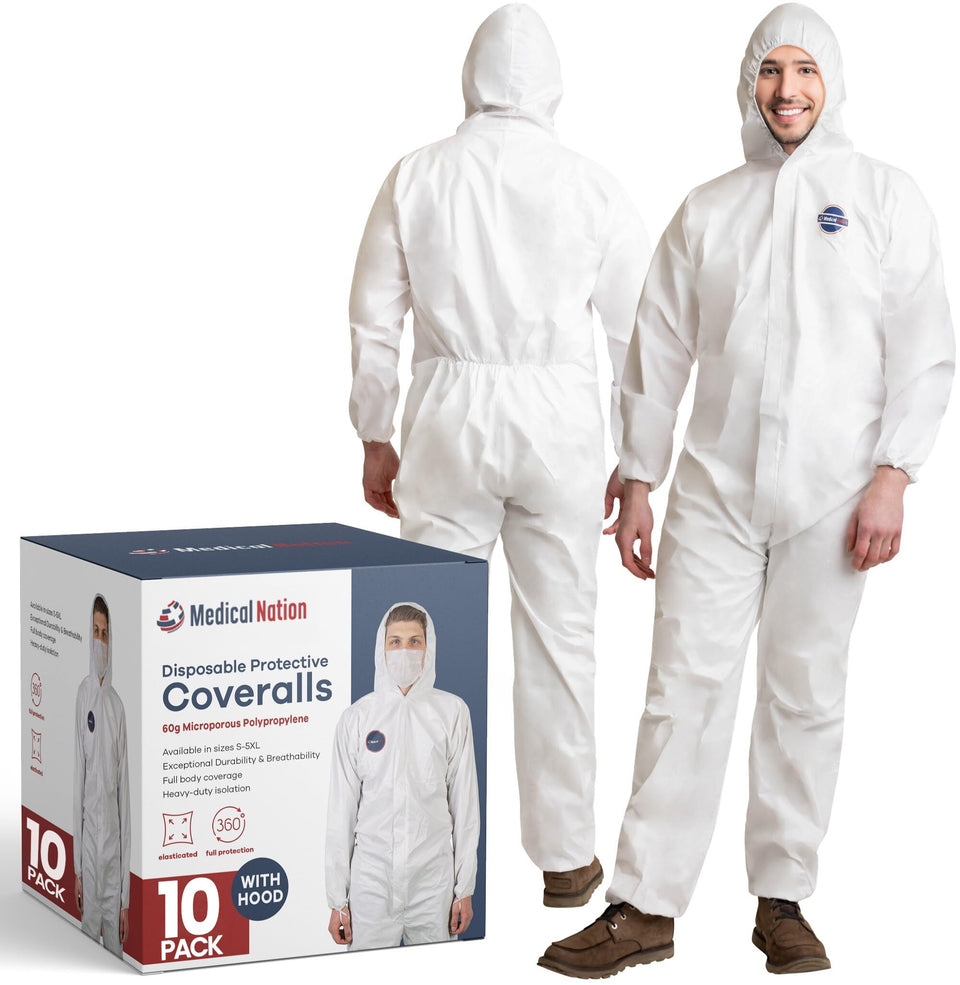 Medical Nation hazmat suit with hood offers breathable protection on dusty worksites.