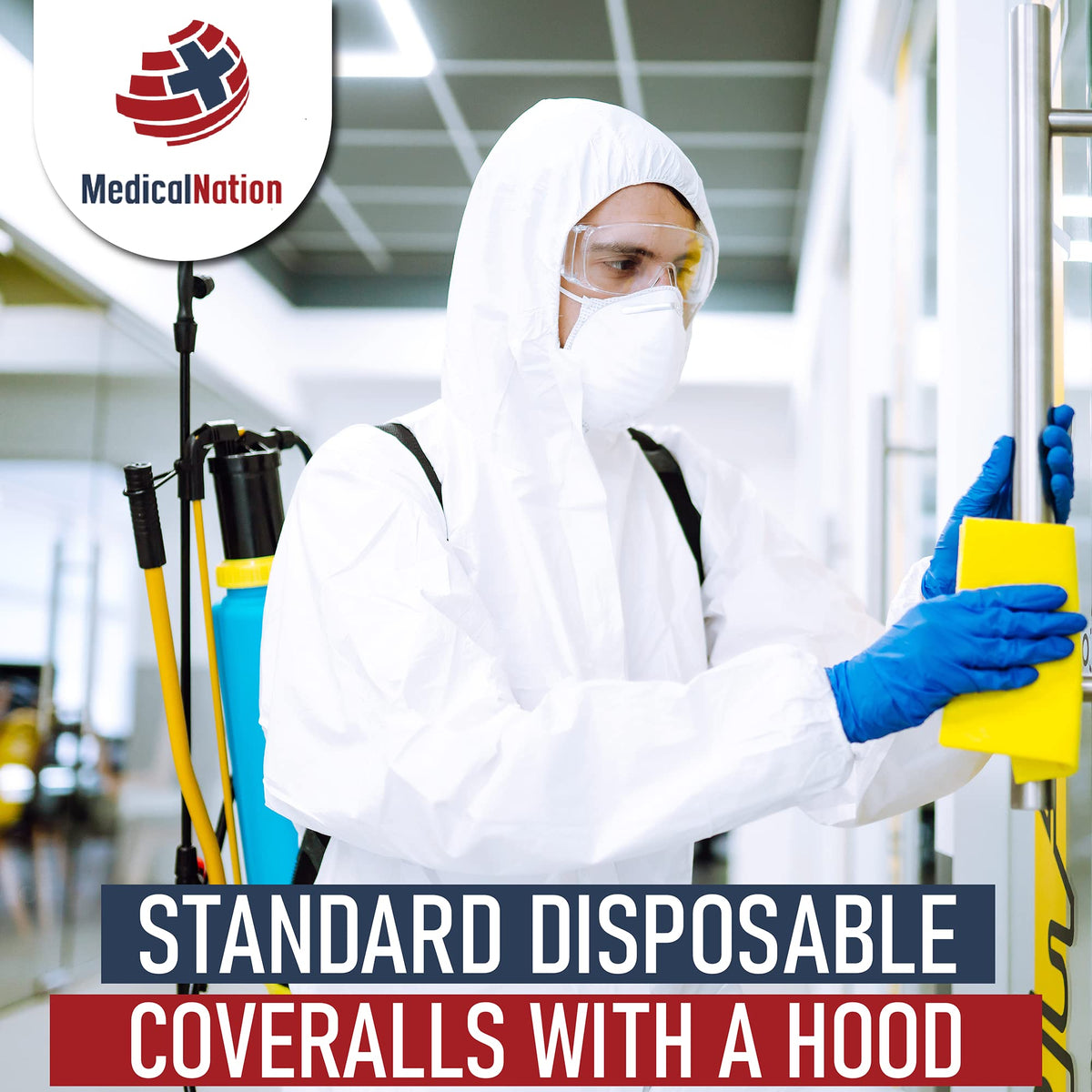 Medical Nation hooded suit with elastic cuffs ensures a secure, flexible fit.