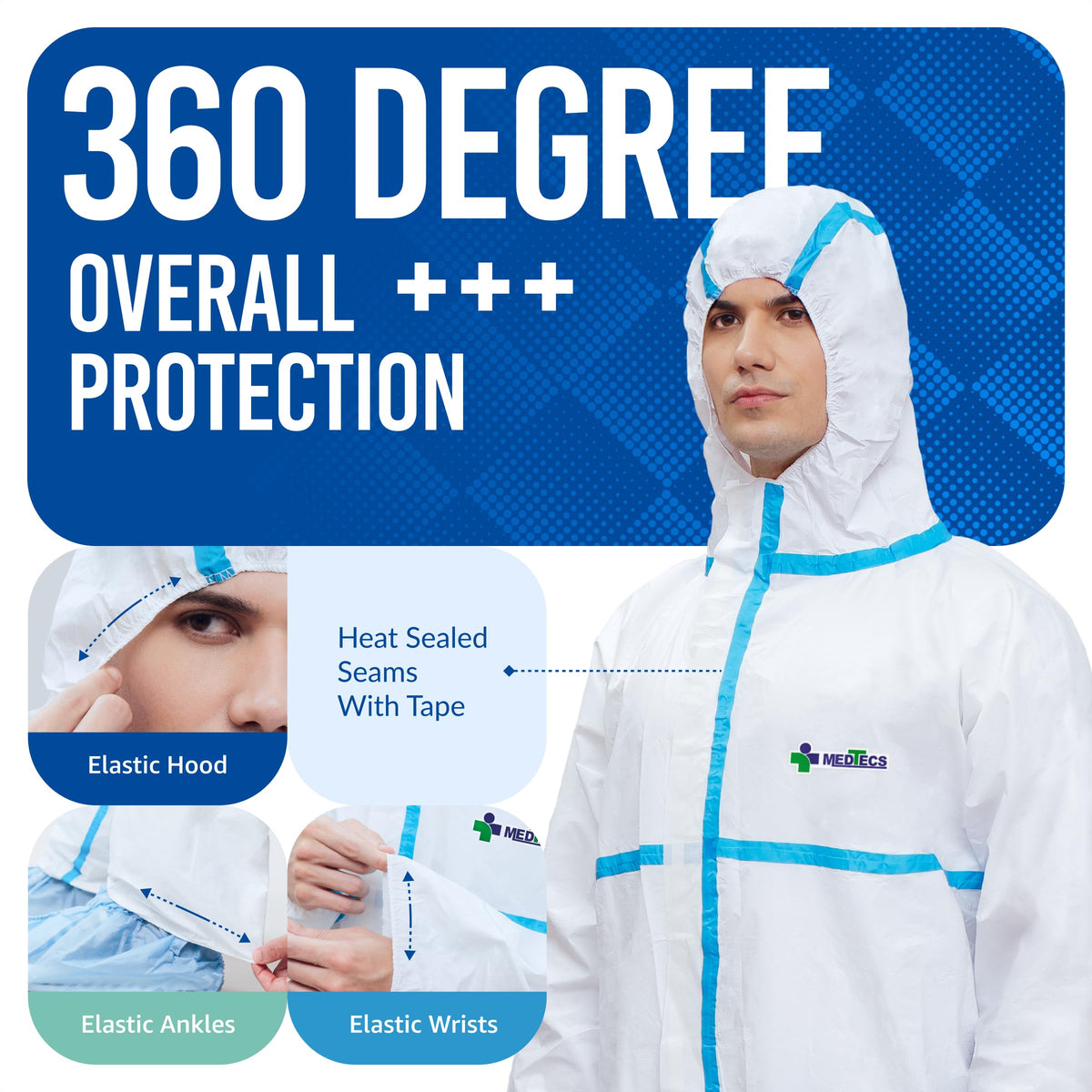 Medtecs hazmat suit front-zip for quick, easy on-and-off access.