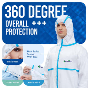 Medtecs hazmat suit front-zip for quick, easy on-and-off access.