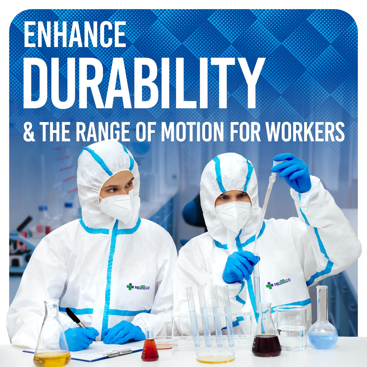 Medtecs hazmat suit in use demonstrates full protection with comfortable range of motion.