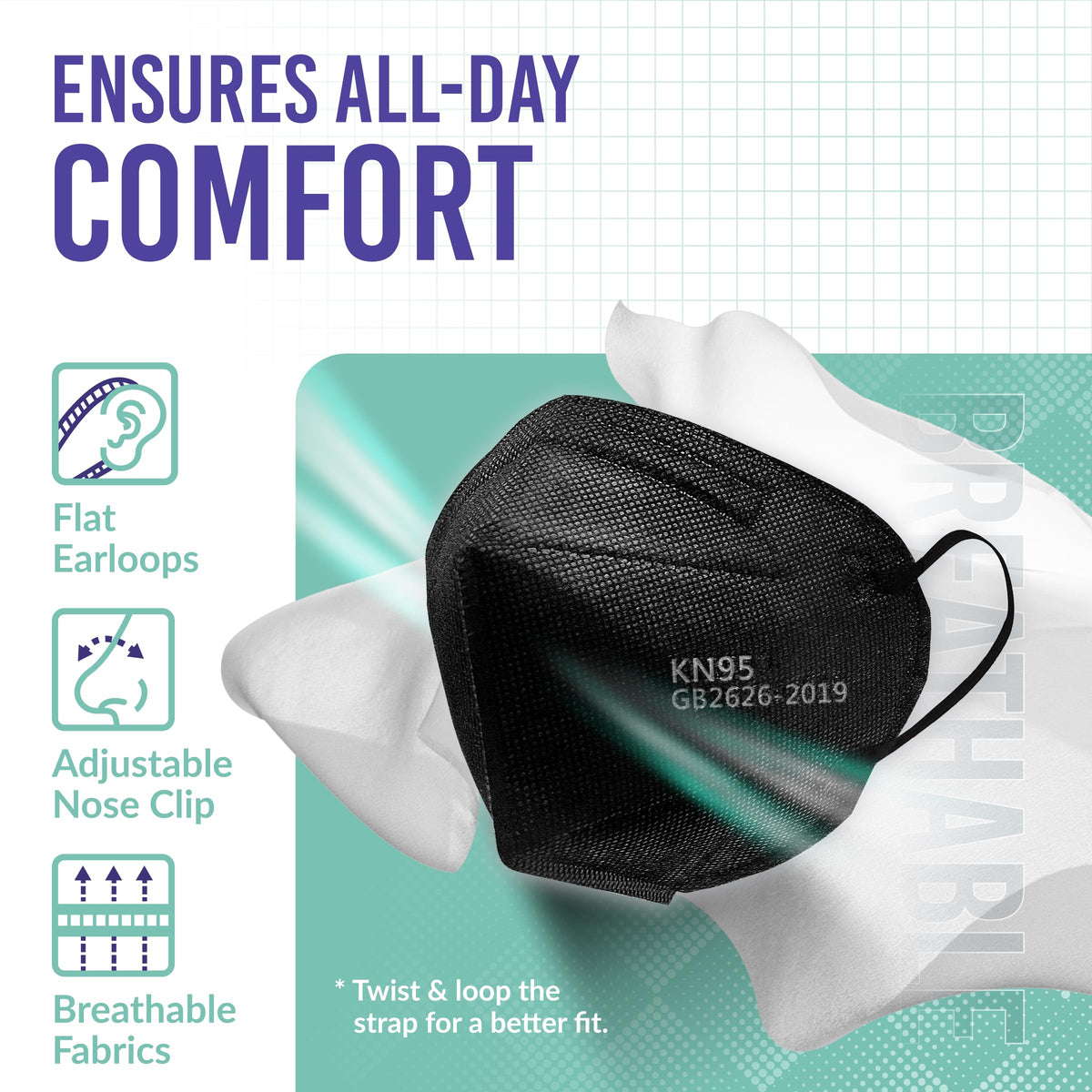Medtecs KN95 mask features adjustable nose clip for a secure fit.