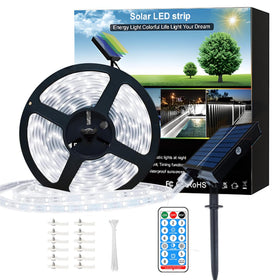 Meewata solar LED strip lights on outdoor deck, 20ft long, even glow.