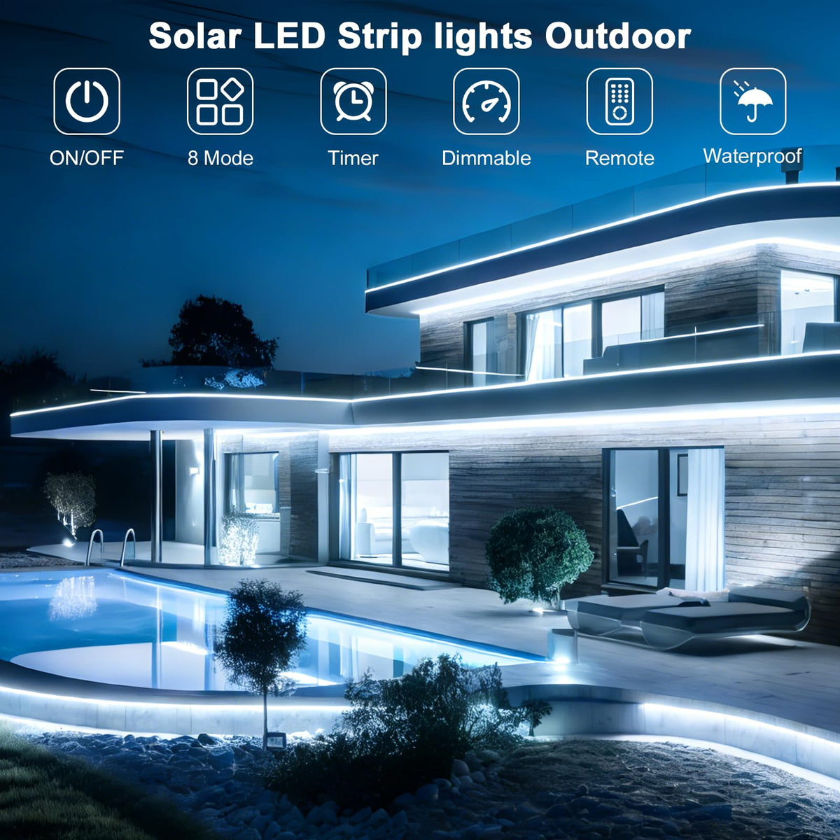 Meewata solar LED strip lights close-up with remote control.