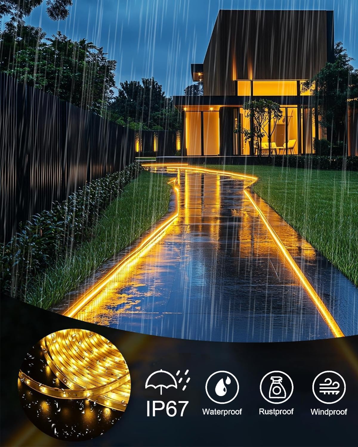 Meewata solar LED strip in garden offers reliable weatherproof lighting for evenings