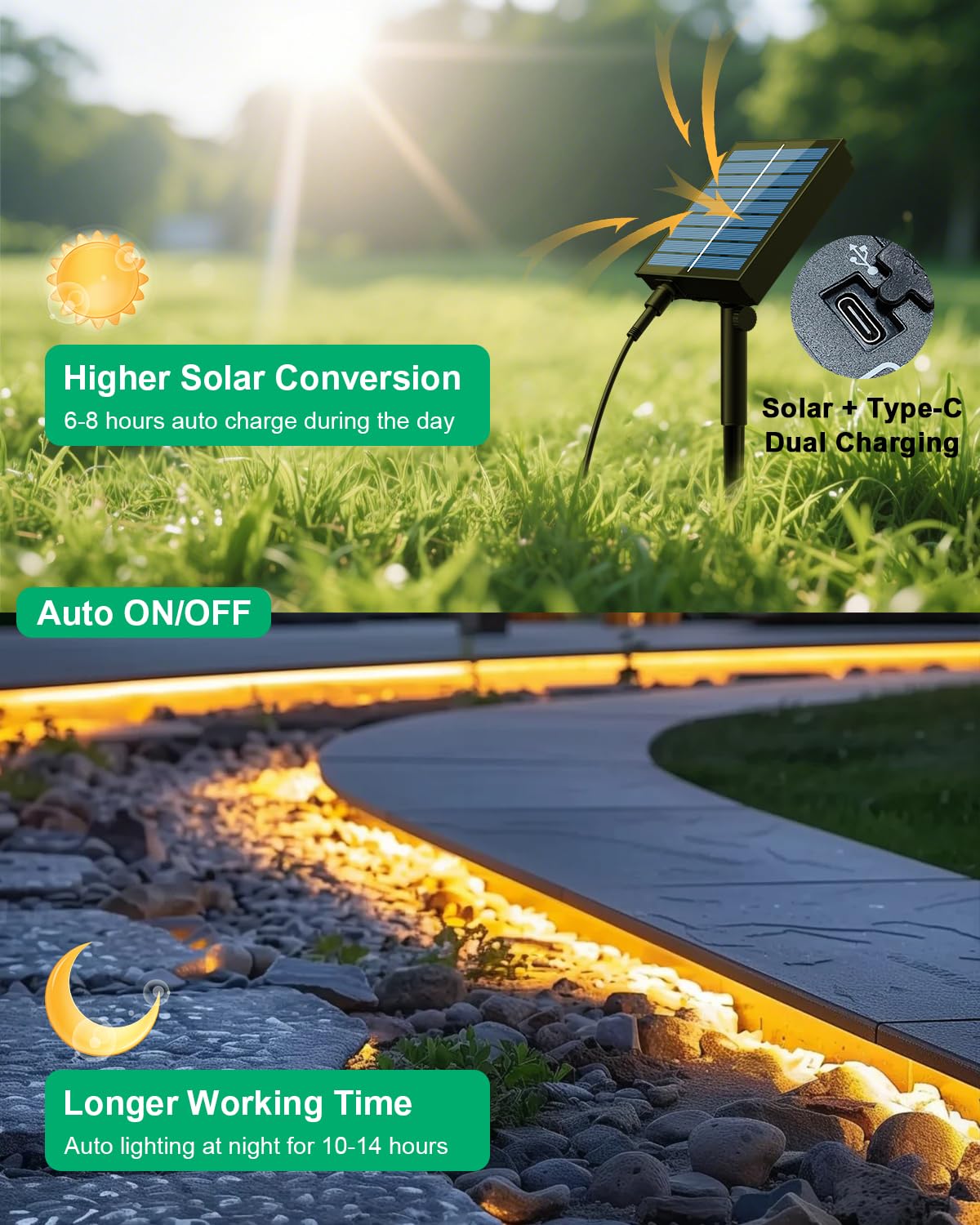 Meewata solar LED strip on patio highlights pathways with a soft glow