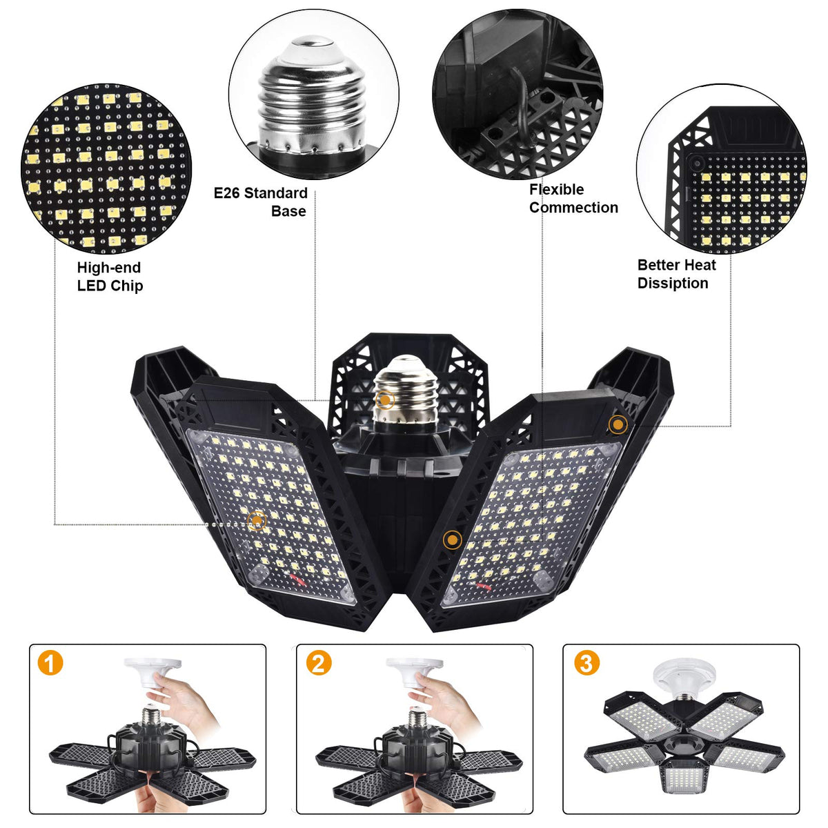 Mefflypee LED garage light 12000 lumens for bright, even illumination in large areas.