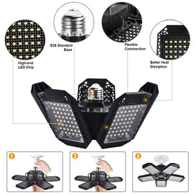 Mefflypee LED garage light 12000 lumens for bright, even illumination in large areas.