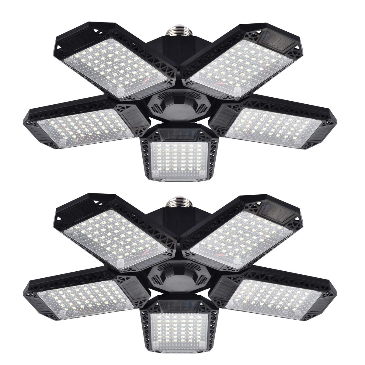 Mefflypee LED garage light five-panel assembly provides 360° coverage for a brighter workspace.
