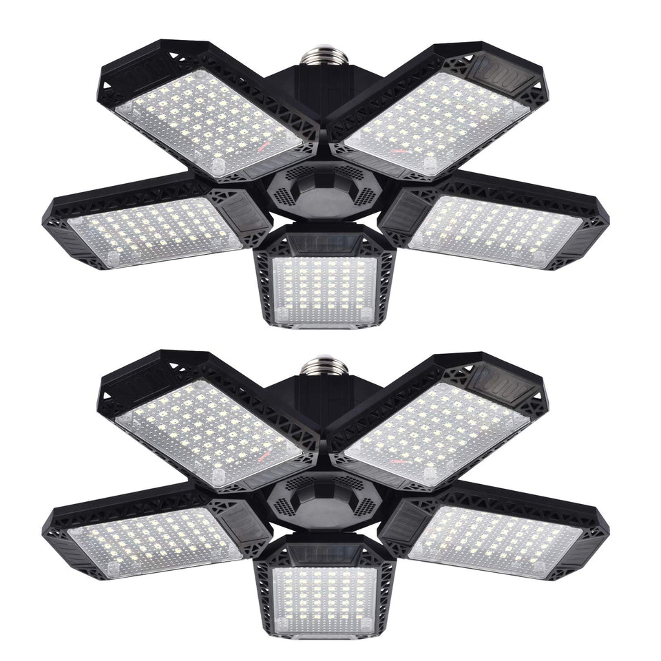 Mefflypee LED garage light five-panel assembly provides 360° coverage for a brighter workspace.