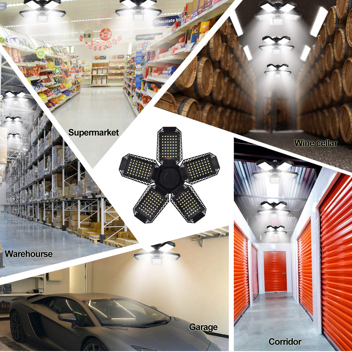 Mefflypee LED garage light five-panel setup brightens ceilings and walls.
