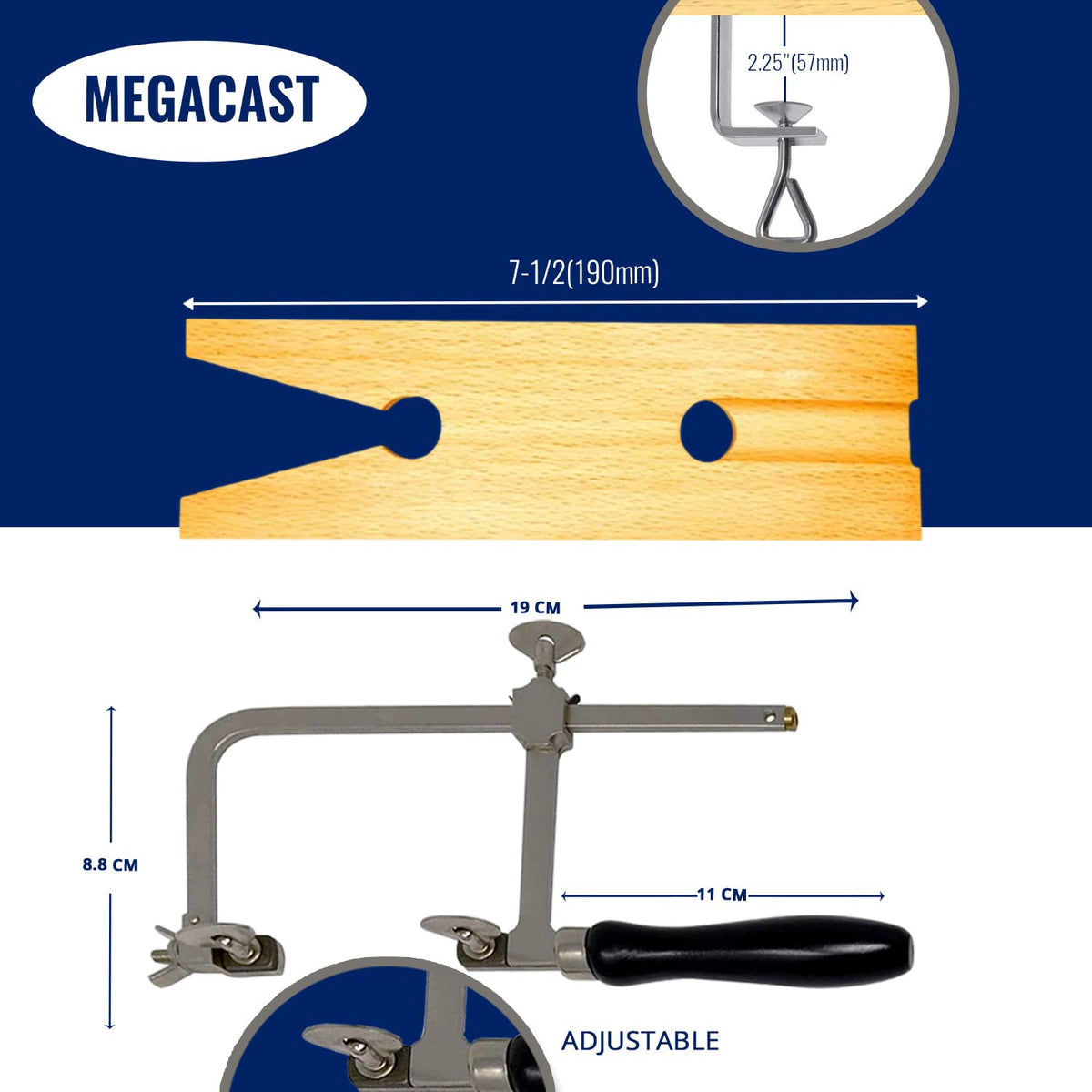 MegaCast wood pin clamp assembly provides blade tension and stability.