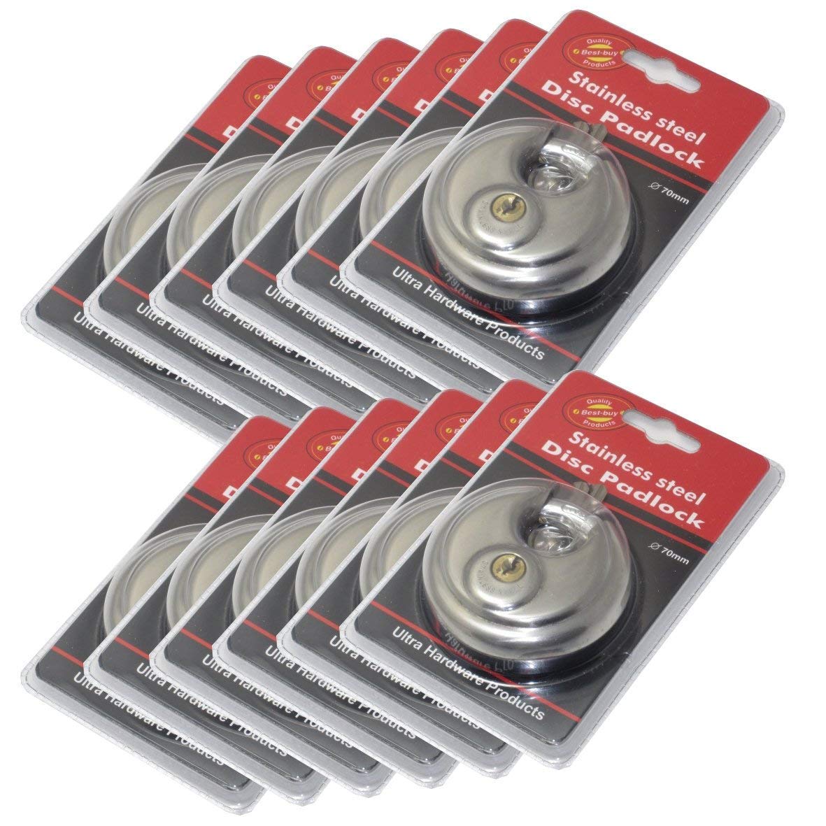 MegaDeal round padlock with shielded shackle, close-up highlighting rustproof stainless steel