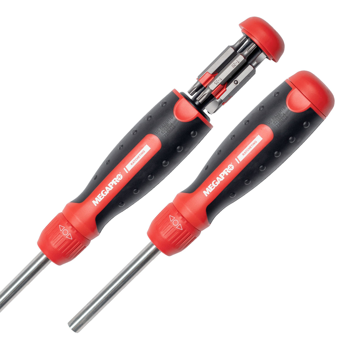Megapro Original ratcheting multi-bit screwdriver with palm-saver cap for comfortable driving.
