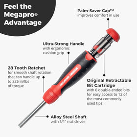 Megapro rubber overmold grip shown for enhanced comfort during extended use.
