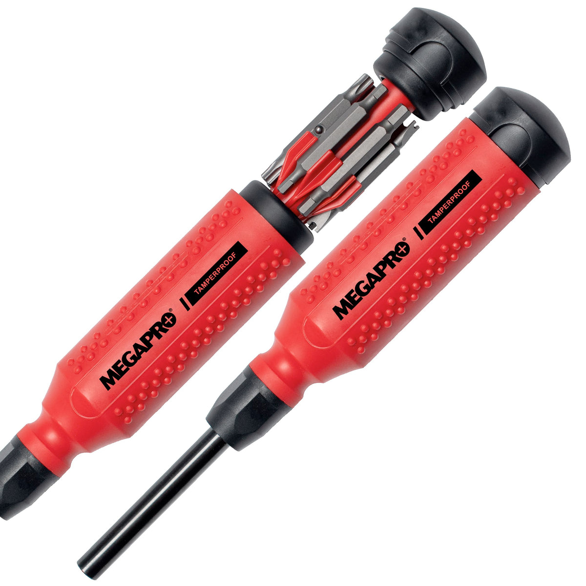 Megapro Tamperproof screwdriver set with Palm-Saver Cap for comfortable extended use.