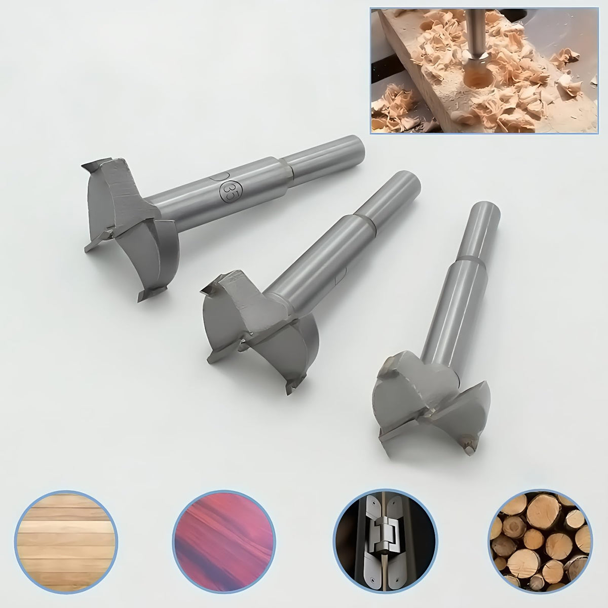 Meichoon Forstner bits used for hinge installation with neat countersinks.