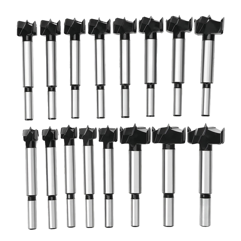 Meichoon Forstner drill bit set close-up shows tungsten steel for precise boring.