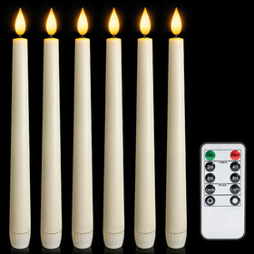 Meigic 6-pack flameless taper candles with remote for safe, ambient lighting.