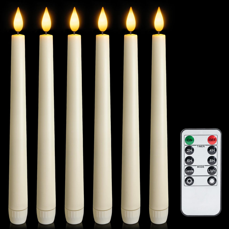 Meigic 6-pack flameless taper candles with remote for safe, ambient lighting.