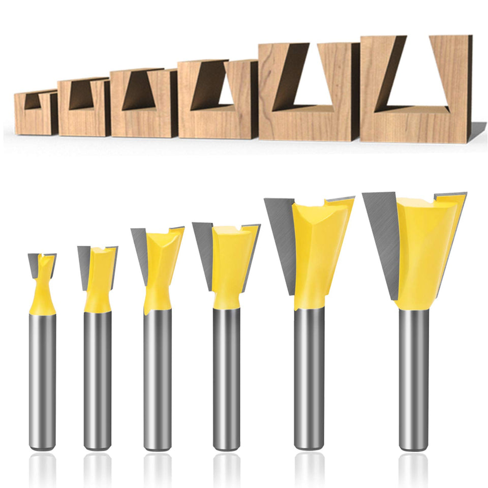Meihejia dovetail router bit set overview showing six sizes for strong joints