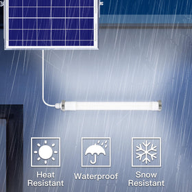 MEIHONG solar panel outdoors powering bright indoor lighting.