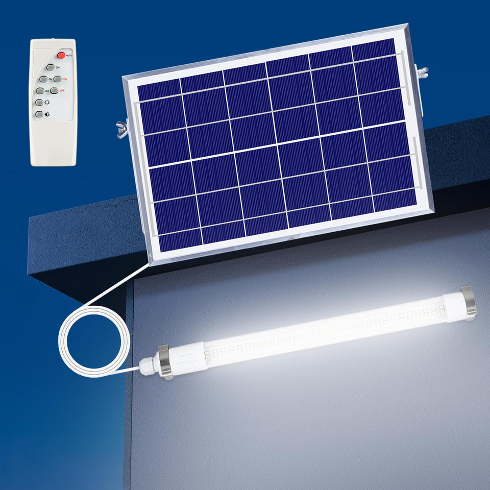 MEIHONG solar shop light with dusk-to-dawn sensor for outdoor security.