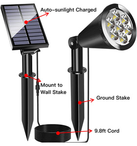 MEIHONG solar spot light in dusk to dawn operation illuminating a garden at night.