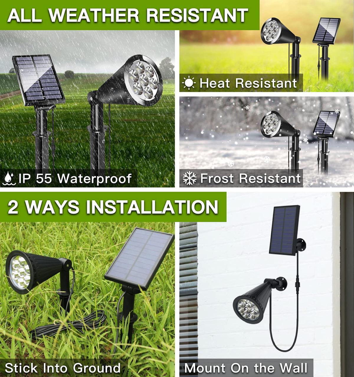 MEIHONG solar spot light weatherproof build withstands rain and snow.