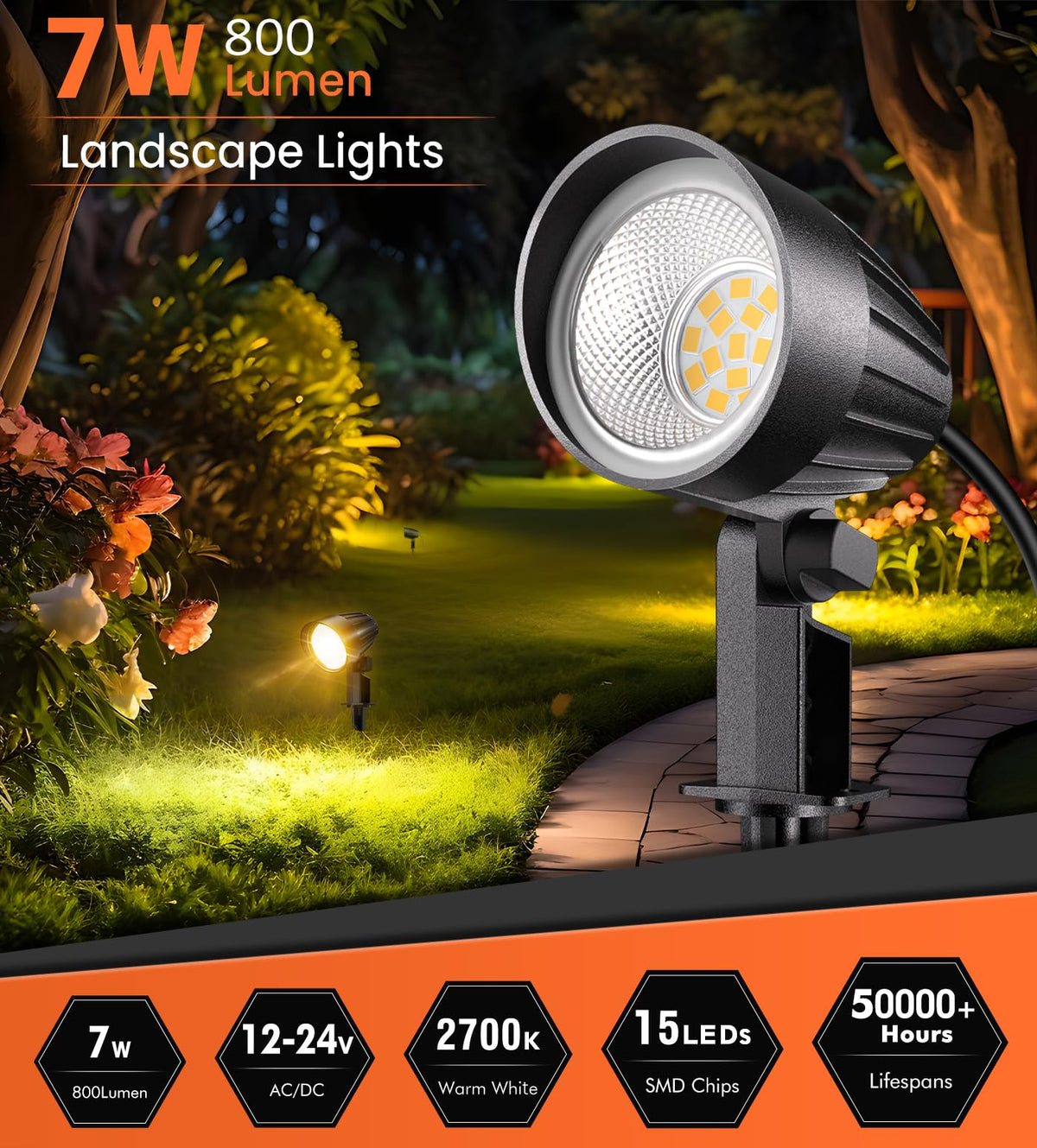 MEIKEE 7W landscape light with ground spike for subtle path lighting.