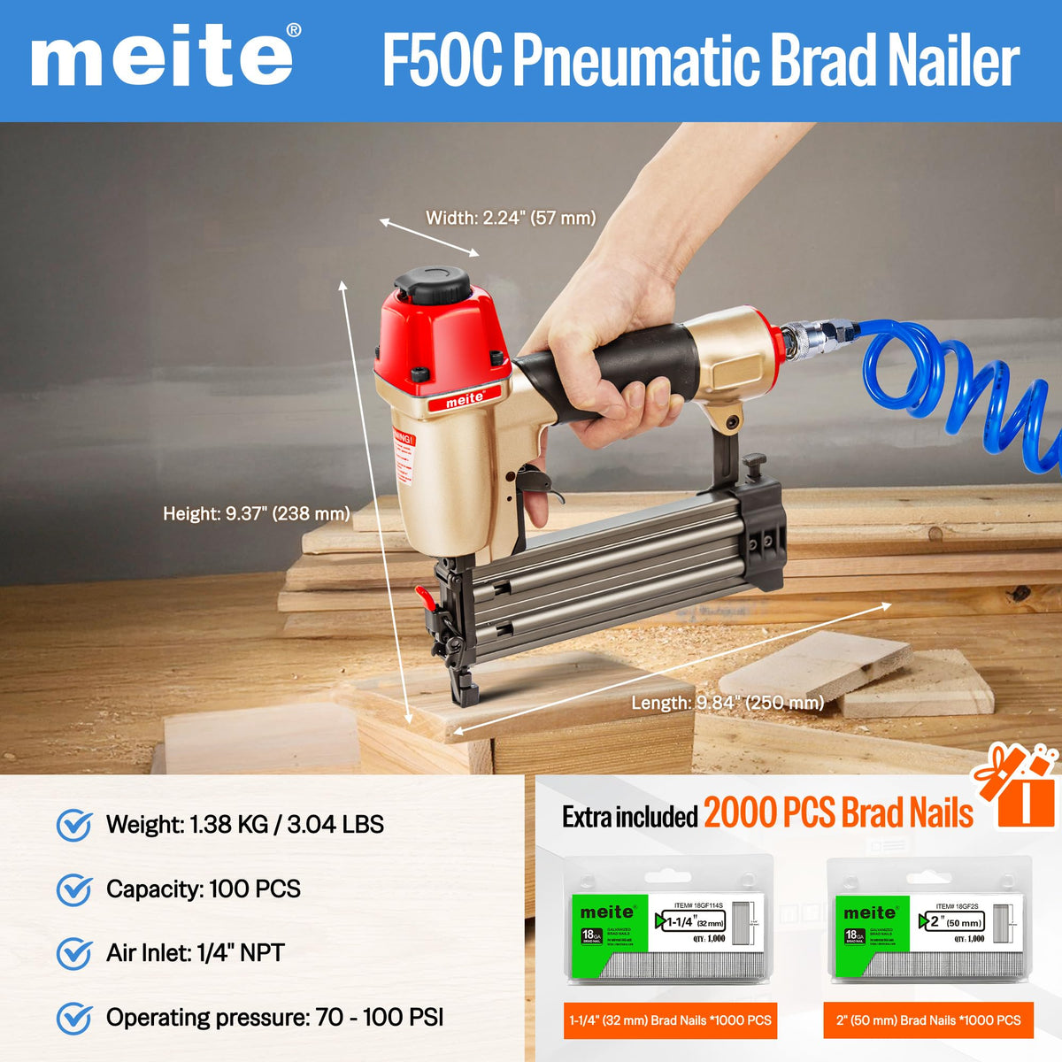 Meite F50C brad nailer side view showing compact design