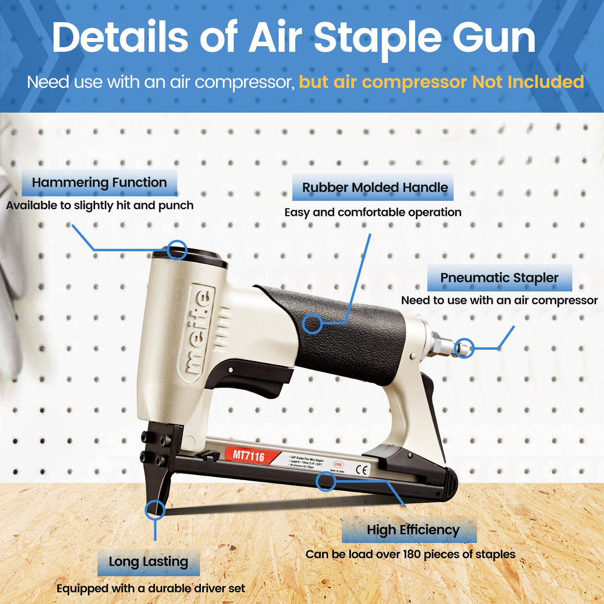 Meite MT7116 22-gauge staples compatibility, supports 1/4 to 5/8 inches
