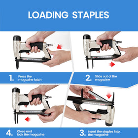 180-staple capacity magazine supports longer upholstery sessions.