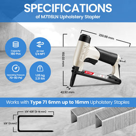 Meite MT7116LN staple gun accepts 22-gauge 3-8-inch crown staples for versatile upholstering.