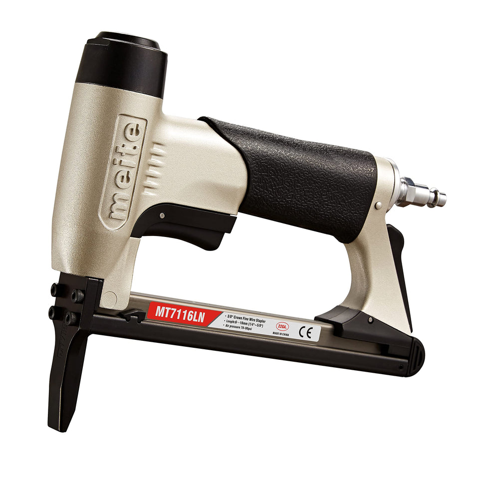 Meite MT7116LN pneumatic upholstery stapler with extended nose for tight spaces.