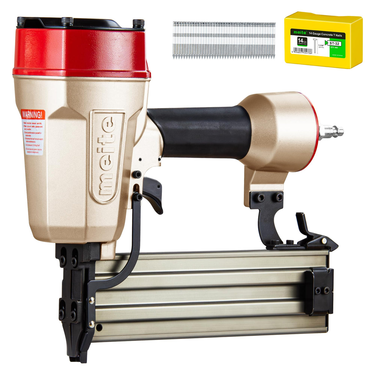 Meite ST64E concrete nail gun driving nails into concrete and wood