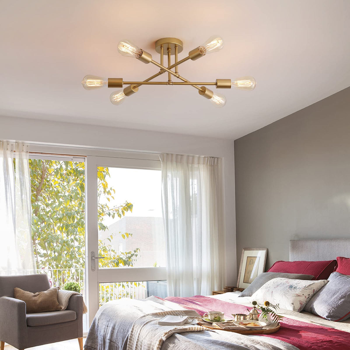 MEIXISUE Gold Modern Sputnik chandelier closeup bulbs highlights six adjustable lights for versatile lighting