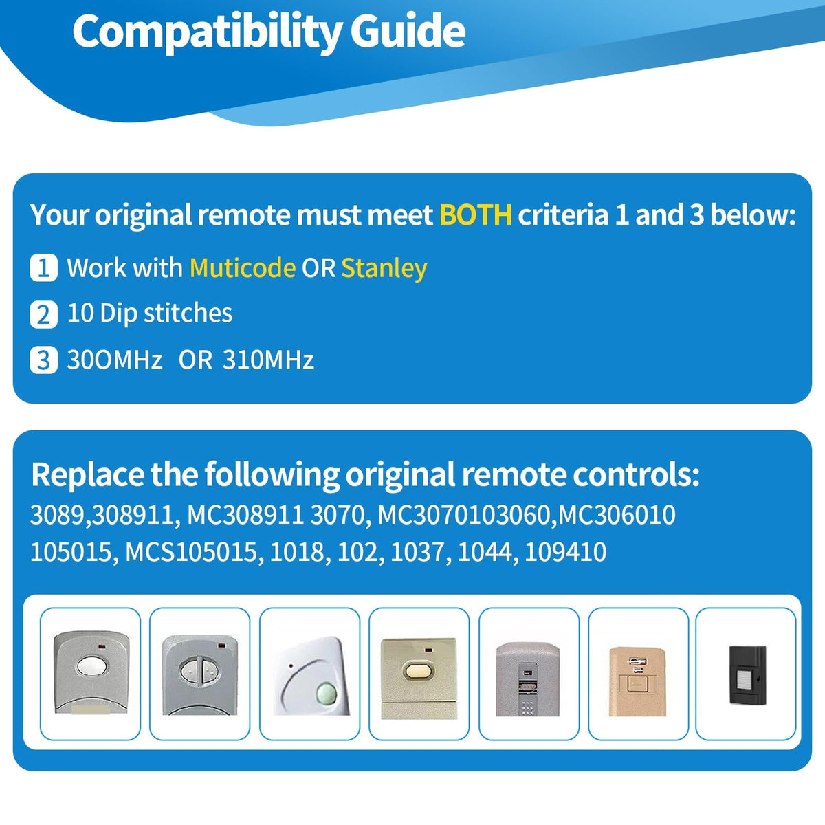 MeiZhi garage door remote transmitter highlighting 10 pin compatibility