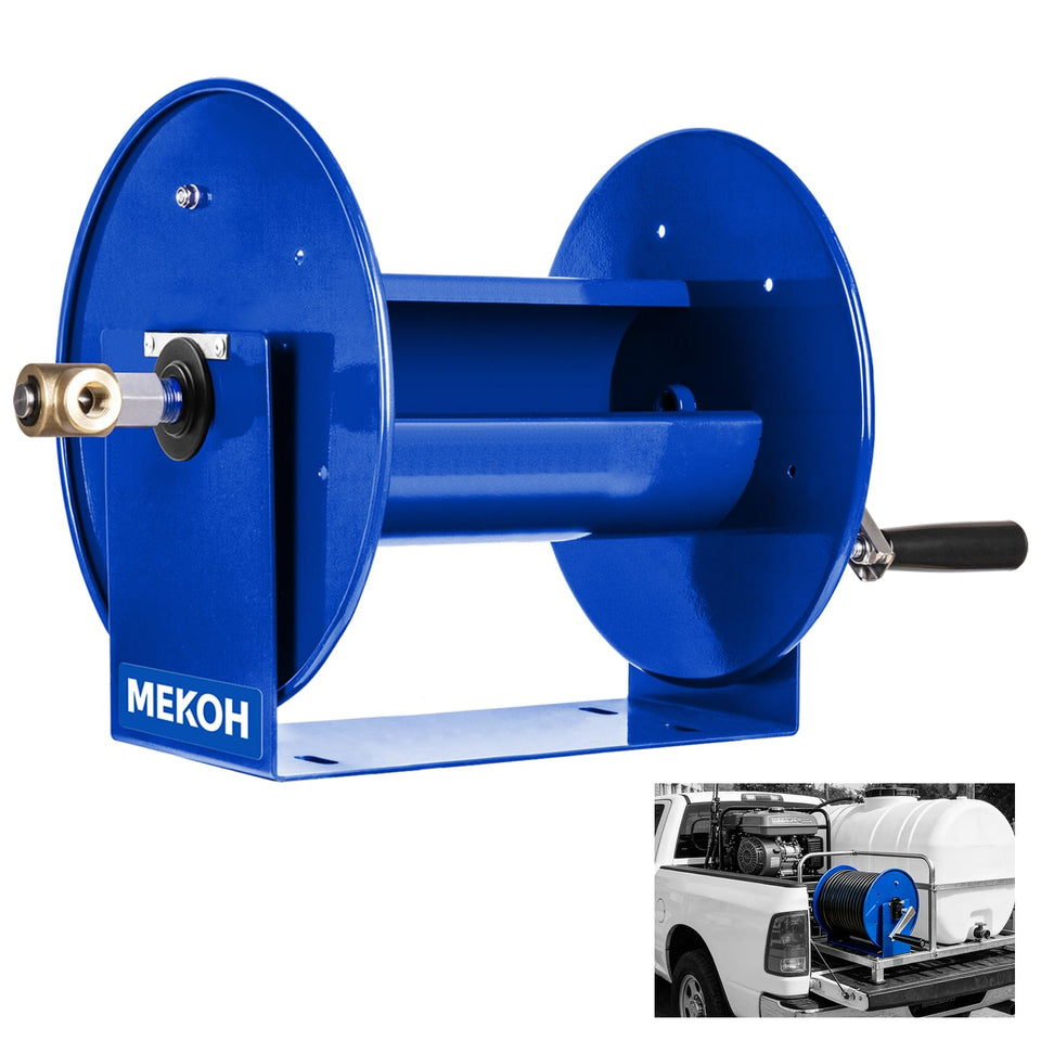 MEKOH hose reel with 150ft 3/8in hose, organized garage workflow